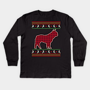 French Bulldog Red Plaid Ugly Christmas Sweater Style Kids Long Sleeve T-Shirt